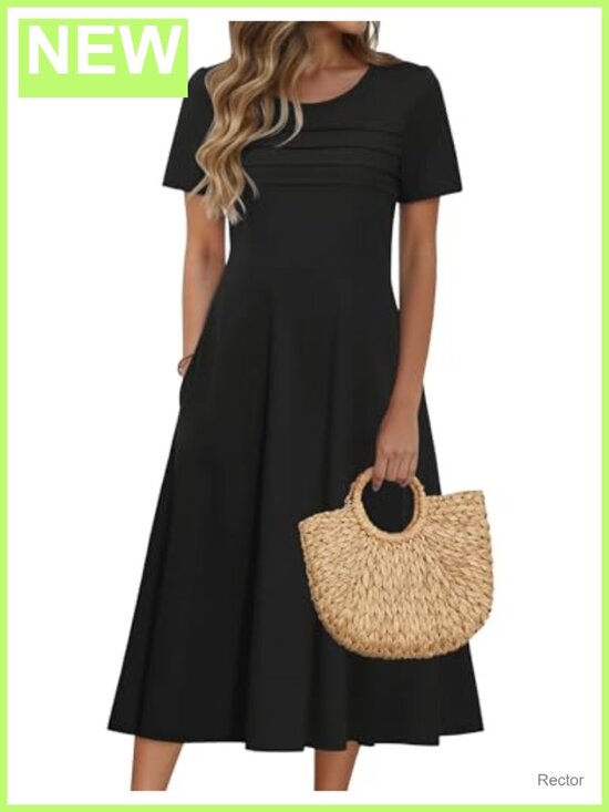 Dresses & Skirts - Floral Flare Midi Dress with Pockets Puff Sleeve Summer Beach